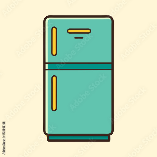 Retro turquoise refrigerator with gold handles and dark brown trim illustration