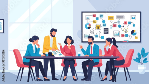 Professional Business Meeting Illustration: Team Collaboration, Corporate Strategy, Data Analysis, and Brainstorming Session