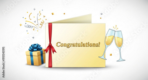 Congratulations card with gift and champagne glasses on white background for celebration