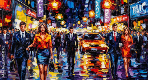 Stylish people walking through a vibrant city street at night.