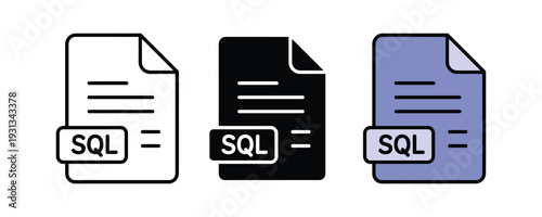 SQL database file icon set. Structured Query Language document, database programming, and backend development symbol for software engineering and data management design. Vector Illustration