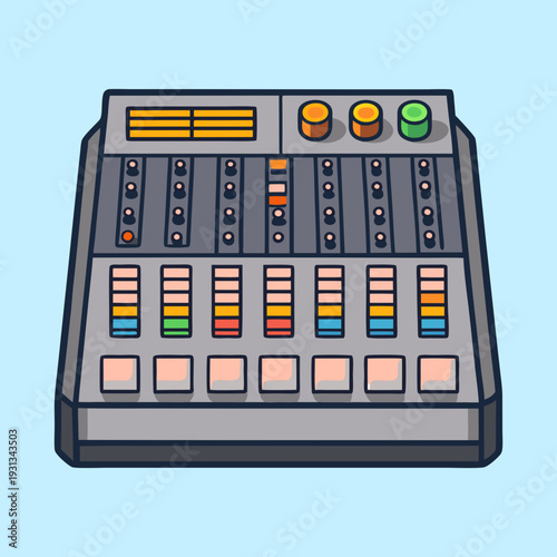 Cartoon illustration of a professional audio mixing console with a light blue background