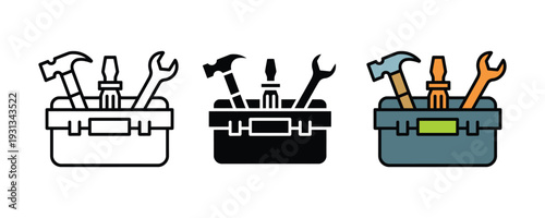 Toolbox with hammer, screwdriver, and wrench icon set. Construction repair tools, home maintenance kit, and hardware equipment symbol for renovation and DIY service design. Vector Illustration.