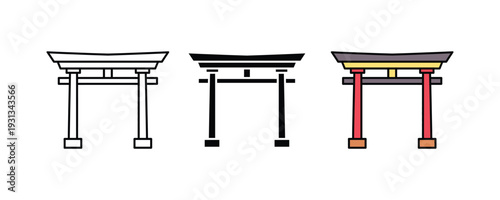Japanese Torii gate icon set. Traditional Shinto shrine entrance, Japan culture landmark, and oriental architecture symbol for travel and religion design. Vector Illustration.