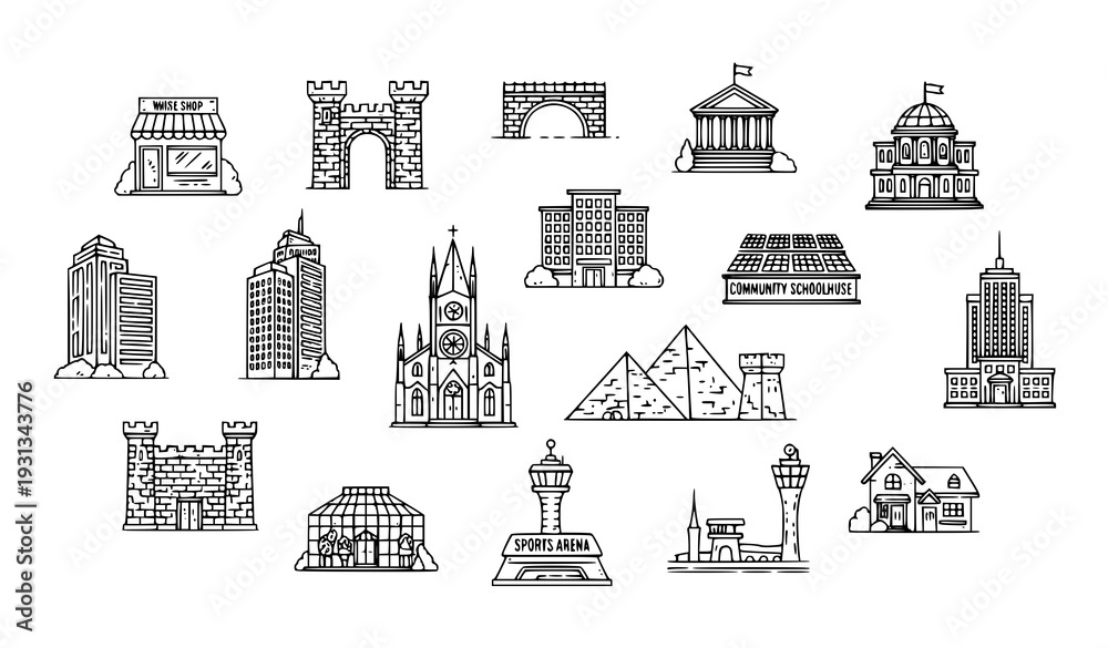 Fototapeta premium Vintage Architectural Line Icons Collection – City Buildings and Landmark Vector Symbols Set
