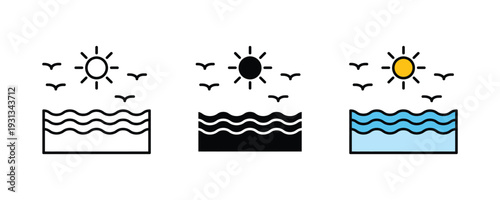 Summer beach sea waves with sun and seagulls icon set. Ocean landscape, tropical vacation, and maritime nature symbol for travel and holiday design. Vector Illustration.