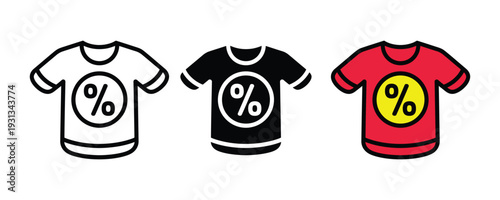 T-shirt with percentage discount icon set. Clothing sale, fashion clearance, and retail promotion symbol for e-commerce, shopping, and apparel marketing design. Vector Illustration