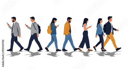 Diverse group of people walking and looking at their phones.