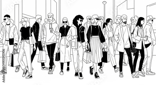 Diverse group of people walking in a modern urban environment.
