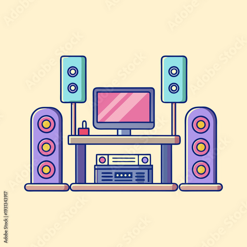 Retro home entertainment system illustration featuring a monitor, speakers and media player