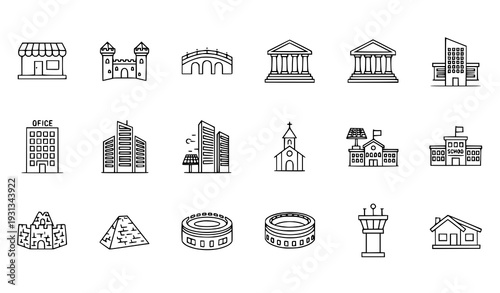 Thin Line Architecture Icon Set – Shop Castle Bridge Government Building Skyscraper and Landmark Vector Collection