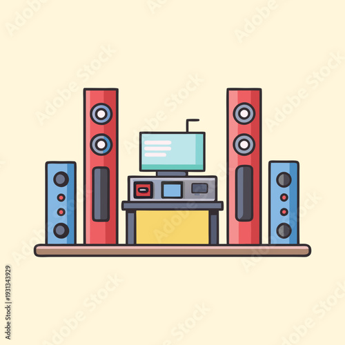 Illustration of a retro home entertainment system with speakers and television