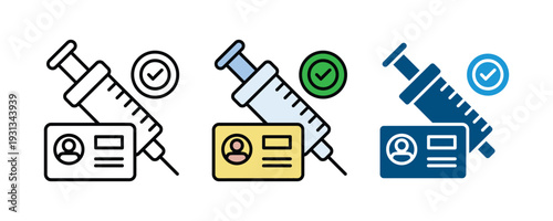 Vaccine syringe and immunity passport icon set. Vaccination certificate, health ID card, and medical injection symbol for travel safety and virus protection design. Vector Illustration.
