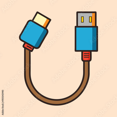 Cartoon USB Cable Illustration with Blue Connectors and Brown Cord on Beige