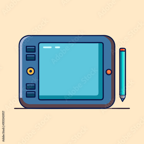 Illustration of a blue graphics tablet with a stylus next to it