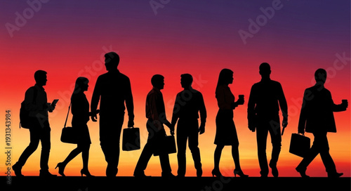 Diverse group of people walking in silhouette against a vibrant sunset sky.