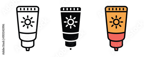 Sunscreen tube icon set. Sun protection cream, summer skincare lotion, and UV blocker symbol for beauty, health, and travel design. Vector Illustration.
