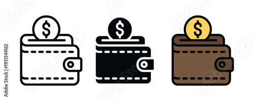 Wallet with dollar coin icon set. Personal finance, savings, and money management symbol for banking, investment, and economy design. Vector Illustration.