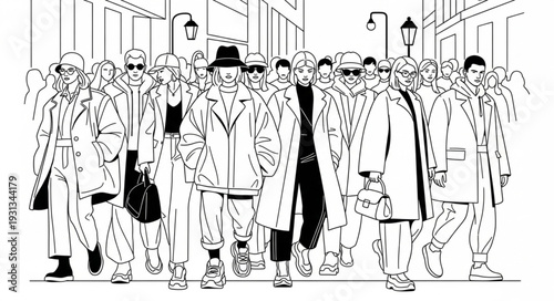 Diverse group of people walking together in a city street.