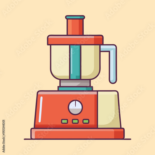 Stylized food processor with red and beige elements on a solid background
