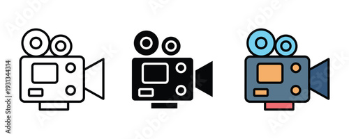 Retro movie camera icon set. Professional video production, vintage cinema equipment, and filmmaking symbol for entertainment, media, and motion picture design. Vector Illustration.