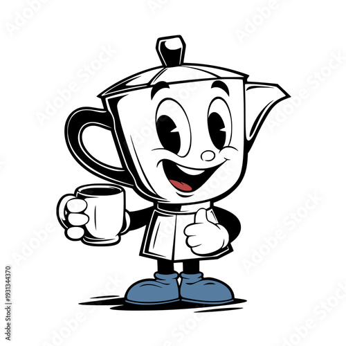 smiling moka pot character holding cup coffee cartoon vector illustration.