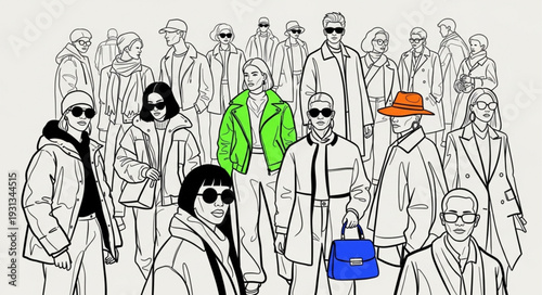 Diverse group of stylish people standing together in a crowd.