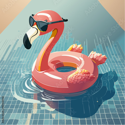 Cool pink flamingo inflatable pool float wearing sunglasses illustration.