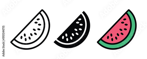 Watermelon slice icon set. Fresh summer fruit, healthy organic food, and tropical snack symbol for juice bar, nutrition, and kitchen design. Vector Illustration.