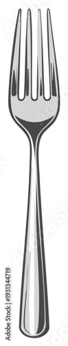 A single clean polished metal fork with four tines shown from the front