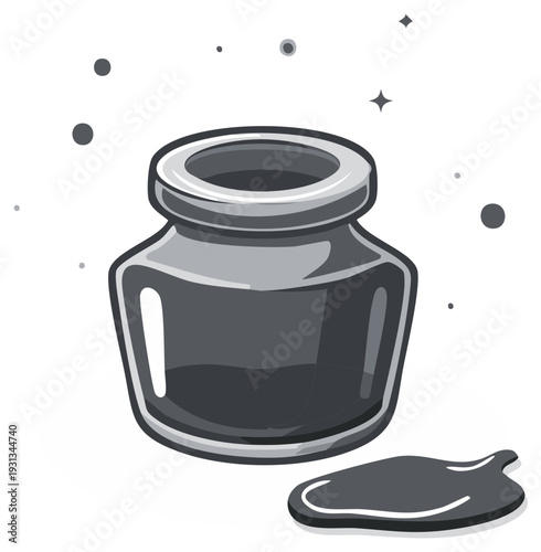 A simple cartoon illustration of an inkwell with a spill beside it and small floating dots