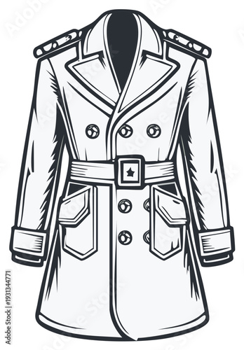 Line art illustration of a belted overcoat, a vintage retro military style uniform, a coat with a pocket and button details