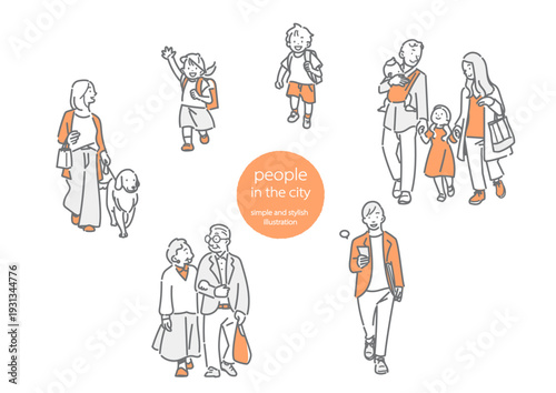 お出かけを楽しむいろいろな人々　シンプルでお洒落な線画イラスト