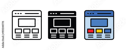 Browser window with website layout icon set. Web design, user interface (UI), and digital marketing landing page symbol for online business and internet technology. Vector Illustration.