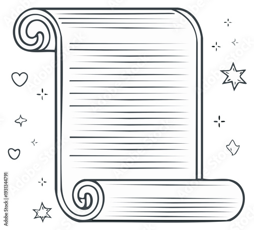 Decorative scroll with stars and hearts hand drawn illustration