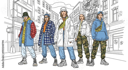 Diverse group of young people in trendy urban street style clothing.