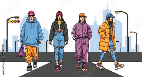 Diverse group of young people walking in urban street fashion.
