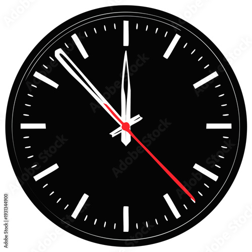 Minimalist black clock with white markers and red second hand, isolated on white background.