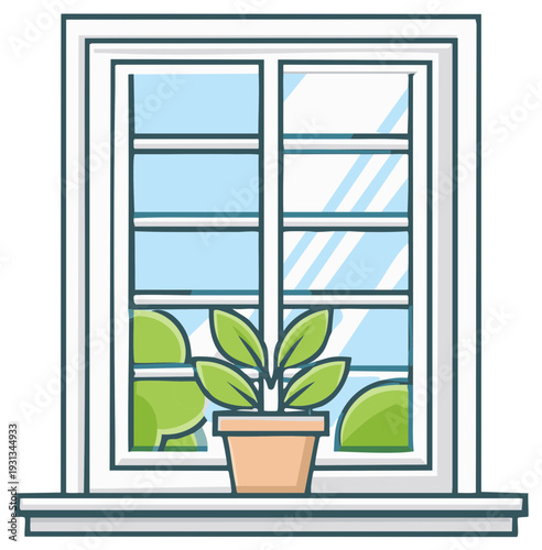 Cartoon of a potted houseplant on a windowsill with a view of a blue sky and green trees