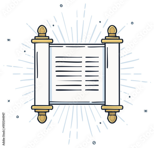 Illustrated ancient scroll with gold accents and radiating lines