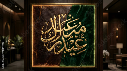 Elegant Gold Eid Mubarak Arabic Calligraphy for Islamic Holiday Greeting Cards, Luxury Home Decor, and Religious Celebration Marketing