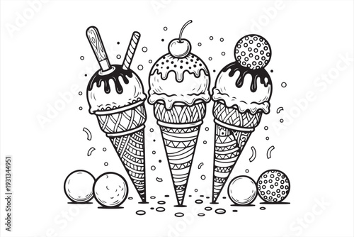 Hand drawn vector illustration of three ice cream cones with different toppings and designs showcasing a creative and playful dessert graphic design.