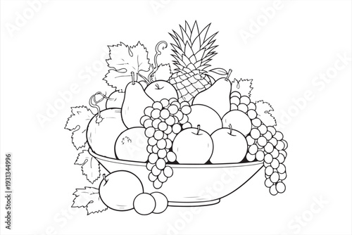 Fresh fruit bowl vector illustration featuring assorted fruits and leaves in a decorative design for healthy eating and culinary concepts
