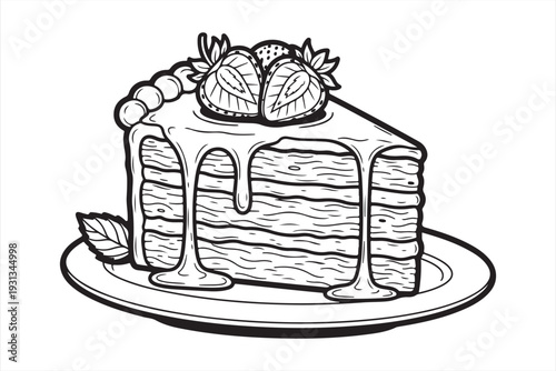 Delicious layered cake with strawberries and syrup illustrated in a vector graphic design for bakery or dessert menu