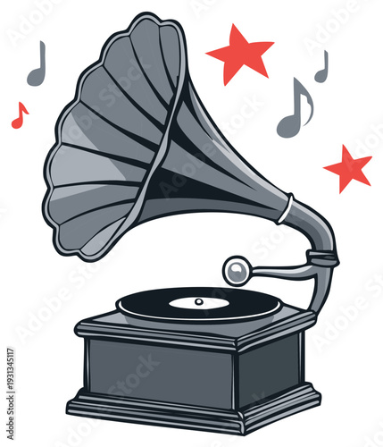Cartoon illustration of a vintage gramophone with music notes and star icons