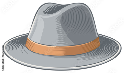 Retro illustration of a gray fedora hat with a tan band and brim design