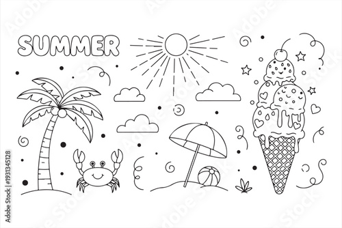 Summer theme vector illustration featuring ice cream, palm tree, crab, and beach elements in a clean and modern design perfect for coloring pages and graphic projects.