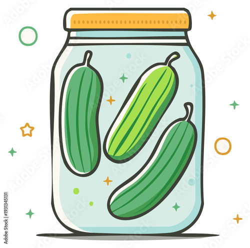 Cartoon style glass jar with three pickled cucumbers, healthy, organic homemade food preservation