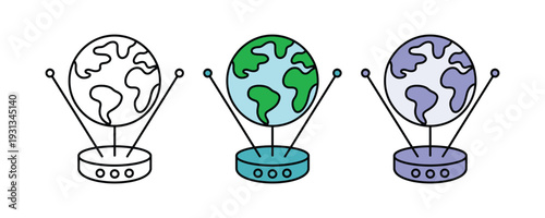 Hologram earth globe and 3D projection icon set. Futuristic global communication, virtual reality planet, and world technology symbol for digital innovation design. Vector Illustration.