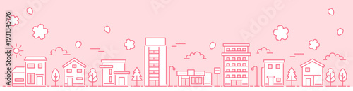 桜咲く春の街並み 細線イラストのWebヘッダー ピンク背景